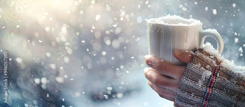 a coffee mug held in a hand against a snowy backdrop. Copy space image. Place for adding text and design photo