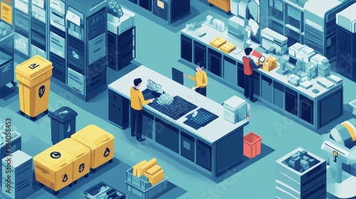 Isometric Illustration of a Warehouse Interior with Workers and Packages