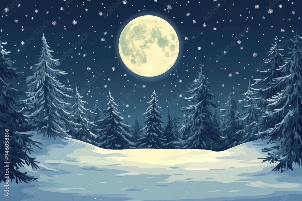 Christmas background with a snowy forest scene and a bright full moon Christmas background with a snowy forest scene and a bright full moon