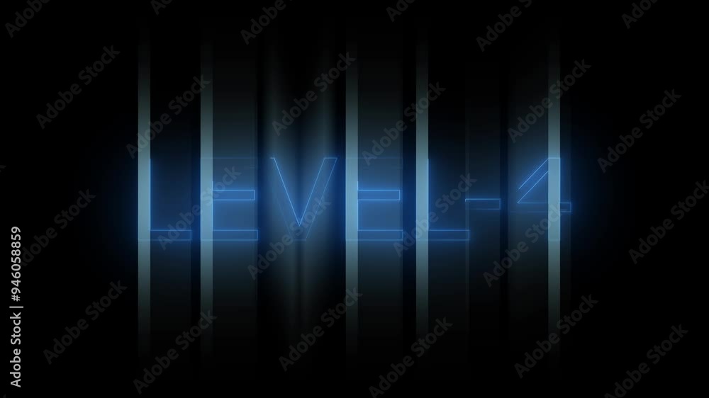 Glowing level-4 text with glitch effects animation. game concept next level icon isolated on black background.