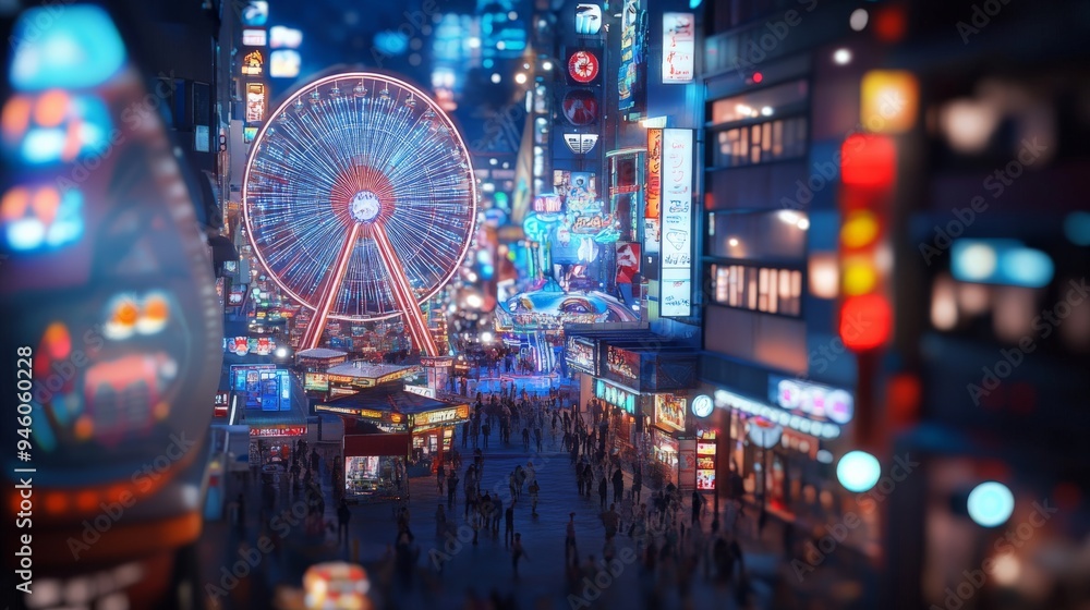 Vibrant city nightscape with bright lights and bustling atmosphere, featuring a Ferris wheel and lively street scene in the city. Vibrant city nightscape with bright lights and bustling atmosphere, featuring a Ferris wheel and lively street scene in the city.