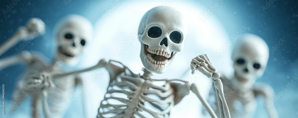 Spooky dance under the Halloween moon, skeletons and ghosts in rhythm, 3D illustration Spooky dance under the Halloween moon, skeletons and ghosts in rhythm, 3D illustration
