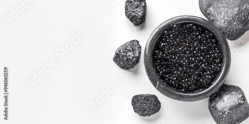 Black sturgeon caviar on a glossy sea stone with a white background. photo