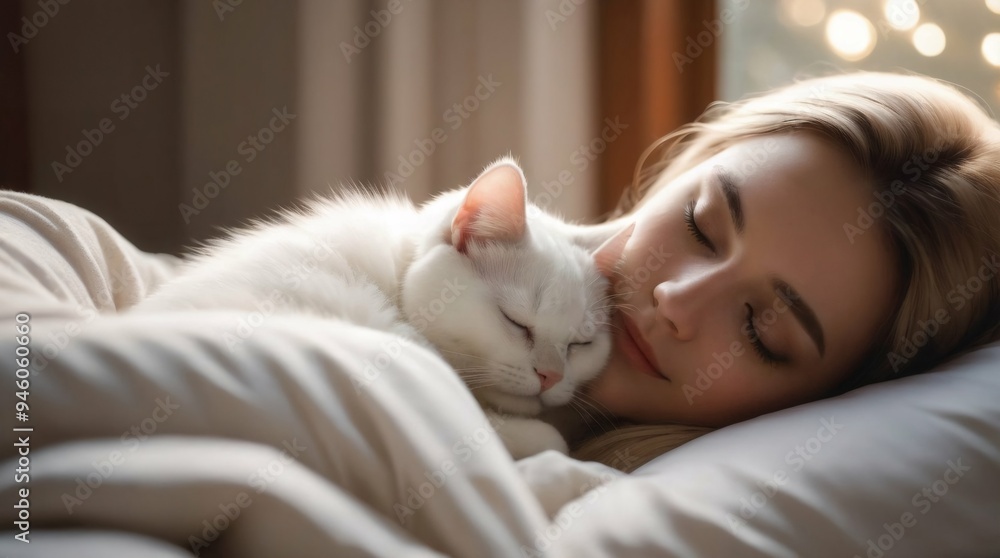 A girl sleeps in bed with a white cat. A girl sleeps in bed with a white cat.