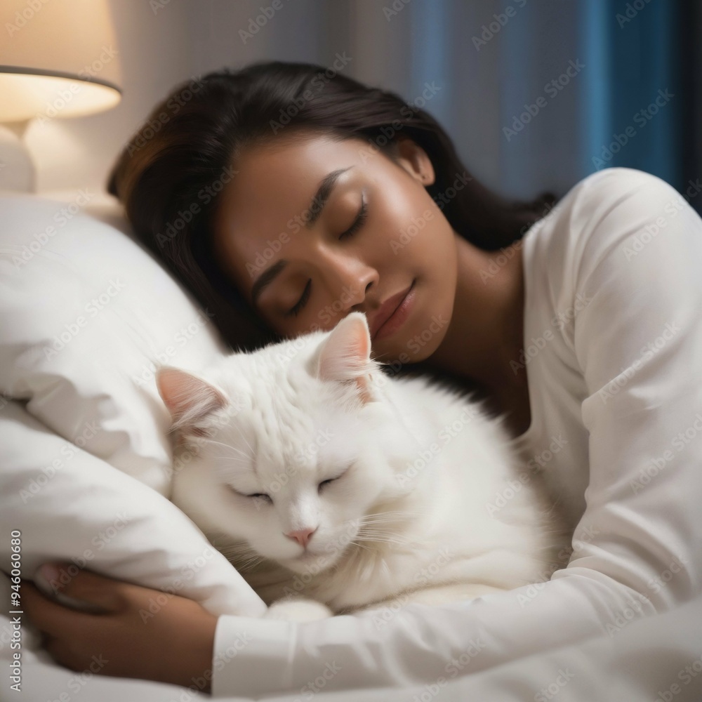 A girl sleeps in bed with a white cat. A girl sleeps in bed with a white cat.