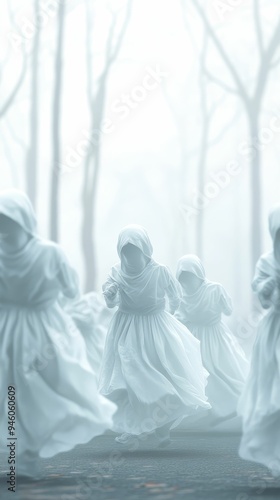 Ghostly figures performing a Halloween dance in the mist, 3D illustration