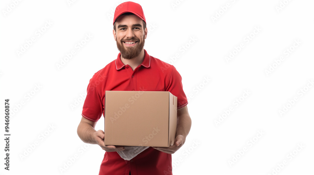 Delivery Man in Red Shirt on White Background Delivery Man in Red Shirt on White Background