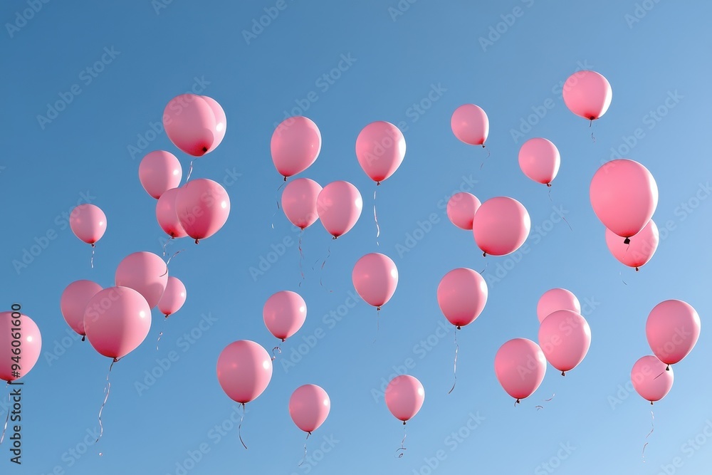 Pink Balloon Release: A skyward view of dozens of pink balloons being released into the clear blue sky, symbolizing hope and remembrance. The balloons should vary in shades of pink, and a few clouds c Pink Balloon Release: A skyward view of dozens of pink balloons being released into the clear blue sky, symbolizing hope and remembrance. The balloons should vary in shades of pink, and a few clouds c