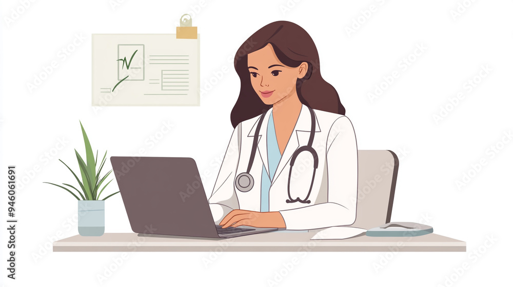 Healthcare professional working at a desk with a laptop, focusing on patient data documentation during a busy afternoon Healthcare professional working at a desk with a laptop, focusing on patient data documentation during a busy afternoon
