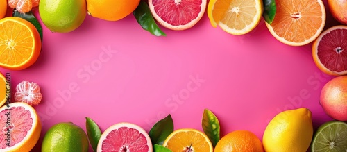 Fototapeta Naklejka Na Ścianę i Meble -  Fresh assortment of citrus fruits Various citrus fruits against a pink background Fruit food frame border Background featuring citrus fruits Healthy eating and diet copy space