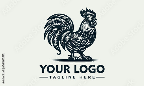 Vector logo illustration rooster with intricate stylized feathers. Detailed design suitable for farmthemed logos, packaging, and decorative prints. photo