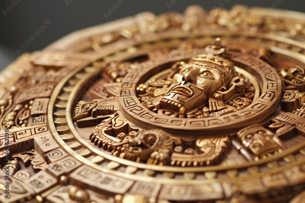 Detailed Wooden Carving of an Ancient Mayan Calendar with Intricate Patterns and Symbols Detailed Wooden Carving of an Ancient Mayan Calendar with Intricate Patterns and Symbols