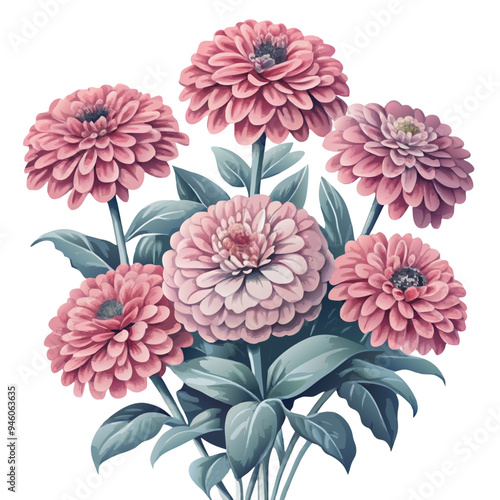 Digital Illustration of Pink Zinnia Flowers Arranged in Bouquet
