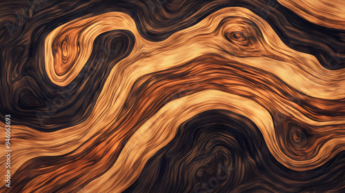 Abstract wood grain pattern with swirling lines of dark brown and golden hues.