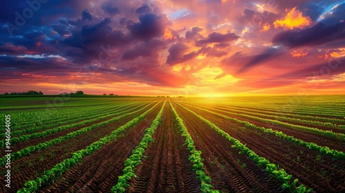 Neatly aligned rows of crops with a vibrant sunset in the background