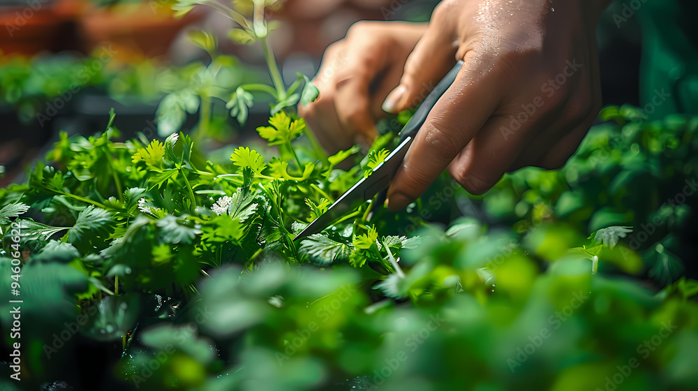 Gardener cutting spicy herbs with scissors growing at home vegetable garden, close-up view. Concept of home growing organic greens Gardener cutting spicy herbs with scissors growing at home vegetable garden, close-up view. Concept of home growing organic greens