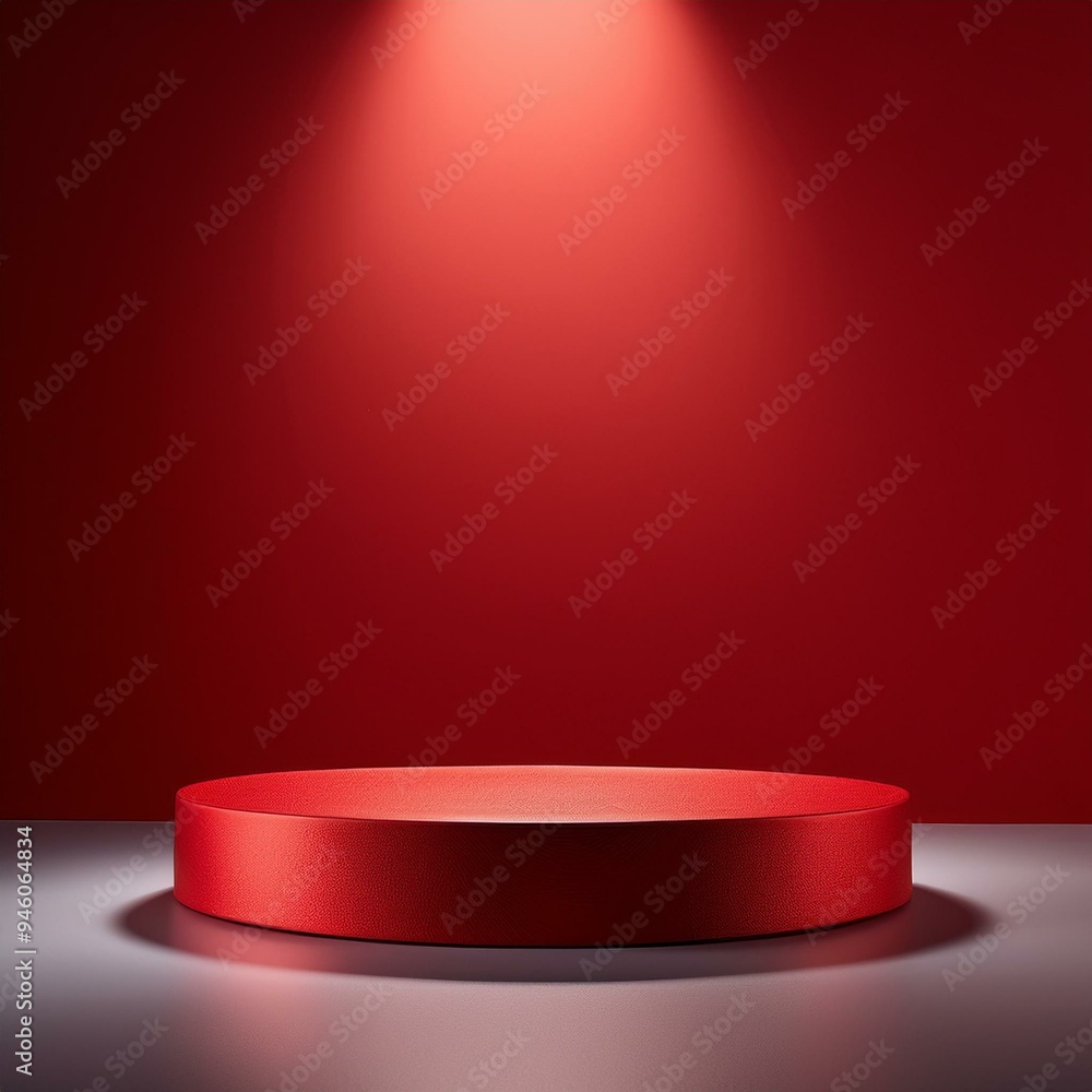 Minimalist podium with spotlight on red background, ample copy space. Minimalist podium with spotlight on red background, ample copy space.