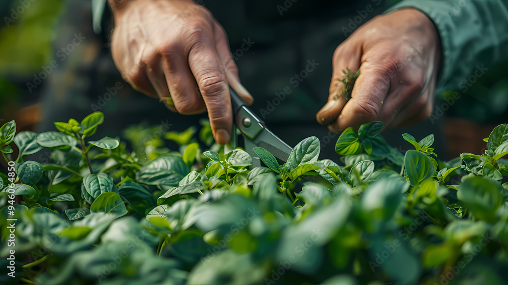 Gardener cutting spicy herbs with scissors growing at home vegetable garden, close-up view. Concept of home growing organic greens Gardener cutting spicy herbs with scissors growing at home vegetable garden, close-up view. Concept of home growing organic greens