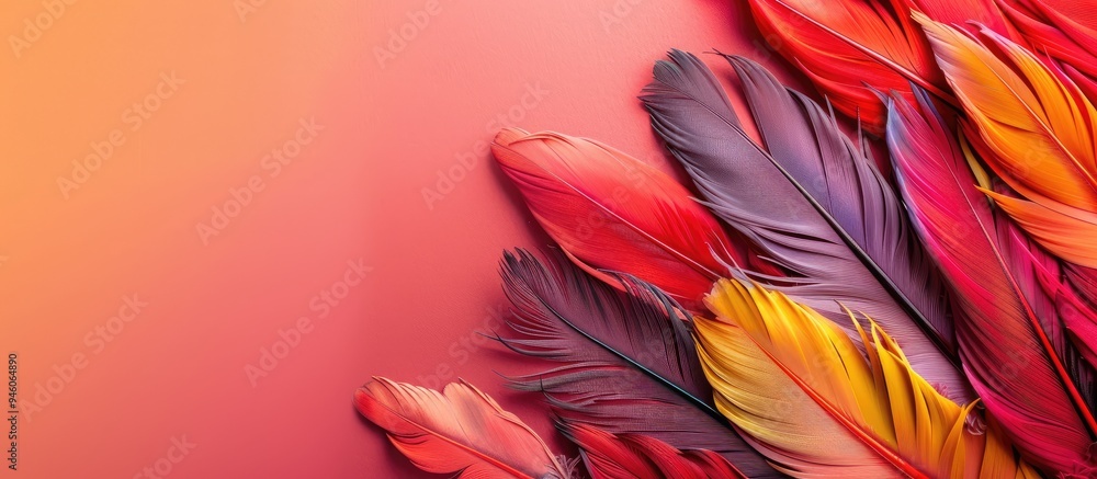 Background of vividly colored dyed bird feathers on a colored backdrop top view Copy space Background of vividly colored dyed bird feathers on a colored backdrop top view Copy space