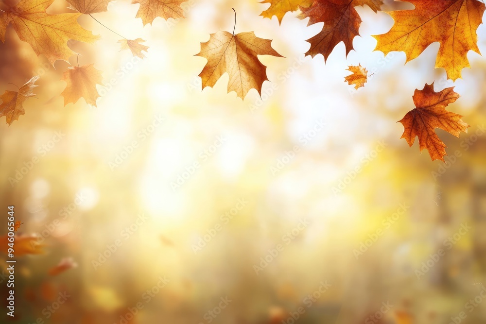Golden autumn leaves gently swaying in a sunlit forest as warm light filters through vibrant foliage, creating a serene and picturesque atmosphere. Fall background, copy space. Golden autumn leaves gently swaying in a sunlit forest as warm light filters through vibrant foliage, creating a serene and picturesque atmosphere. Fall background, copy space.