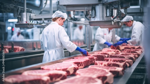 Production line in the food factory.Factory for the production of food from meat.Industrial equipment at a meat factory.Automated production line in modern food factory.People working..