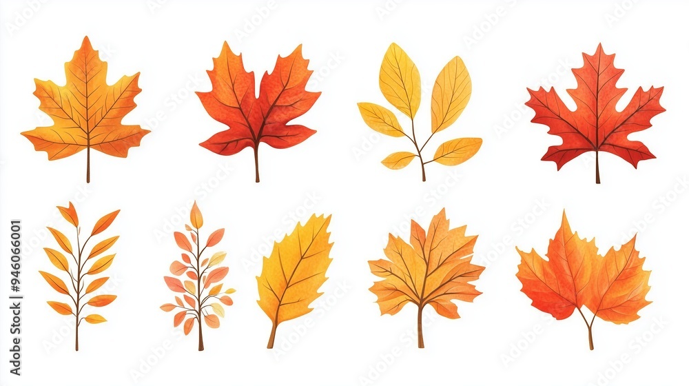 Colorful autumn leaves arranged artistically on a white background showcasing vibrant shades of orange, red, and yellow Colorful autumn leaves arranged artistically on a white background showcasing vibrant shades of orange, red, and yellow