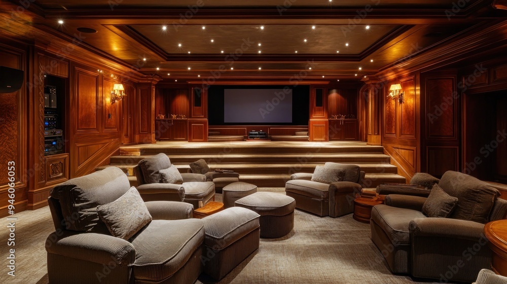 Luxurious Home Theater with Plush Seating and Warm Lighting Luxurious Home Theater with Plush Seating and Warm Lighting