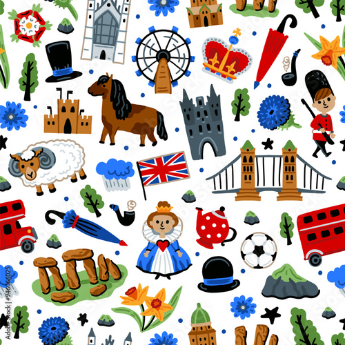 Bright cheerful children seamless vector pattern with symbols of the Great Britain. London. Union Jack, Stonehenge, bus, guardsman, Bridge. United Kingdom landmarks. Childish travel background