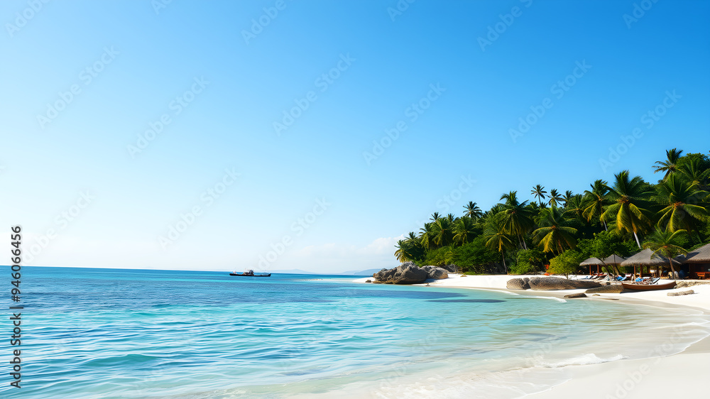 Fototapeta premium A tropical beach with crystal-clear turquoise waters and white sand