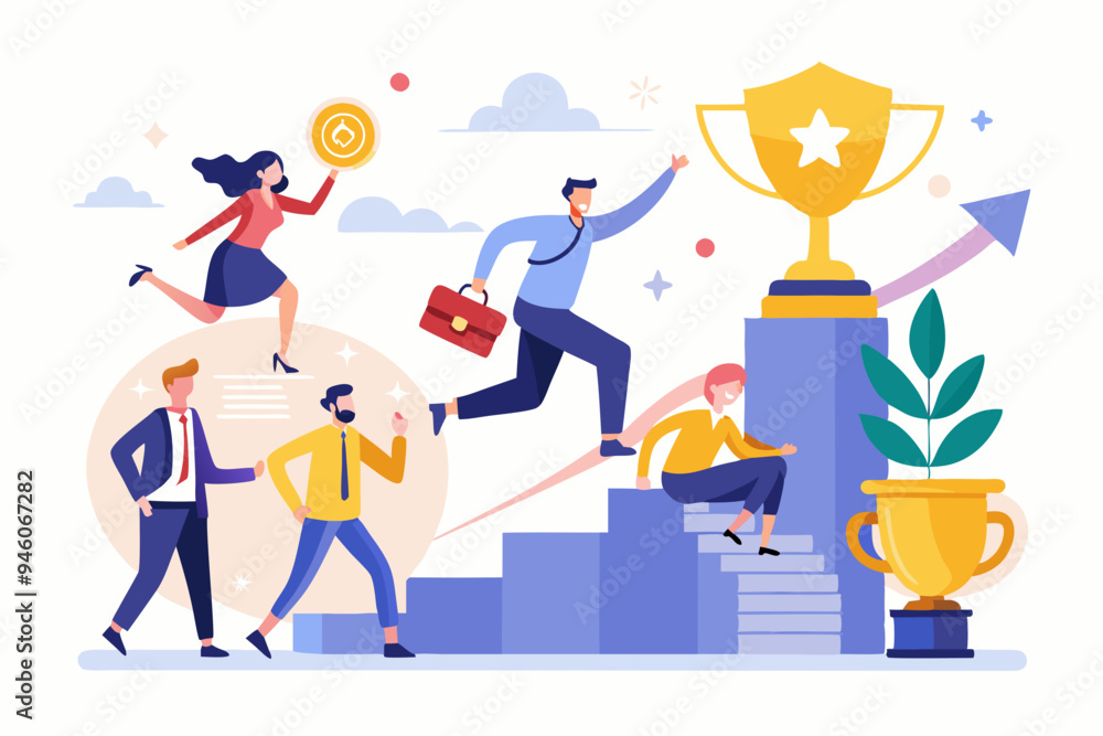 Growth to success, team achievement or teamwork to achieve target, career development or business strategy to win or victory, growing business concept, business people running up graph to trophy.
Growth to success, team achievement or teamwork to achieve target, career development or business strategy to win or victory, growing business concept, business people running up graph to trophy.