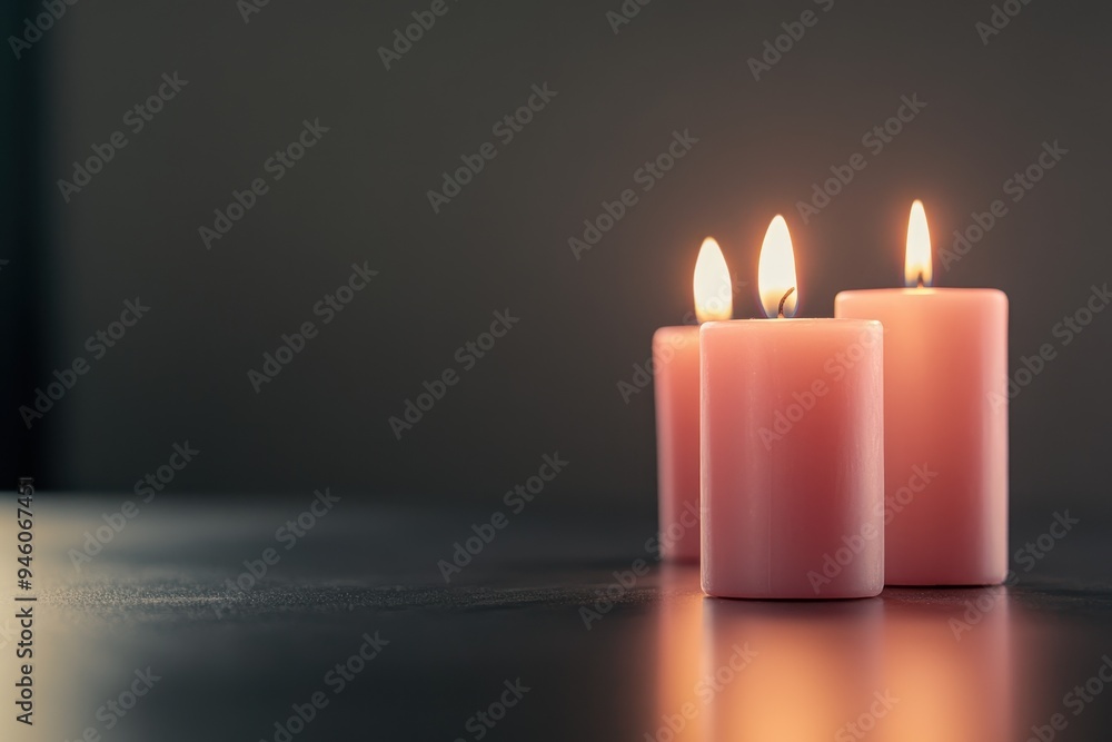 Pink Candle Vigil: A serene image of several pink candles burning in a row, with soft, warm light casting gentle shadows. The candles should be arranged on a reflective surface, and the flames should Pink Candle Vigil: A serene image of several pink candles burning in a row, with soft, warm light casting gentle shadows. The candles should be arranged on a reflective surface, and the flames should