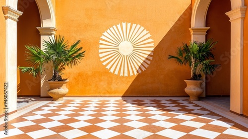 A traditional Mediterranean courtyard with a vibrant tile mural on the wall, depicting a sunburst pattern in warm, earthy tones