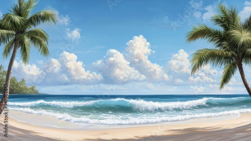 A tropical beach scene with palm trees, a sandy shore, and gentle waves in the background