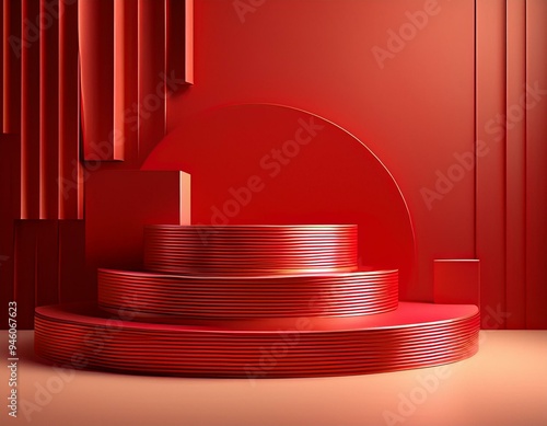Modern geometric podium with multiple levels on red backdrop.