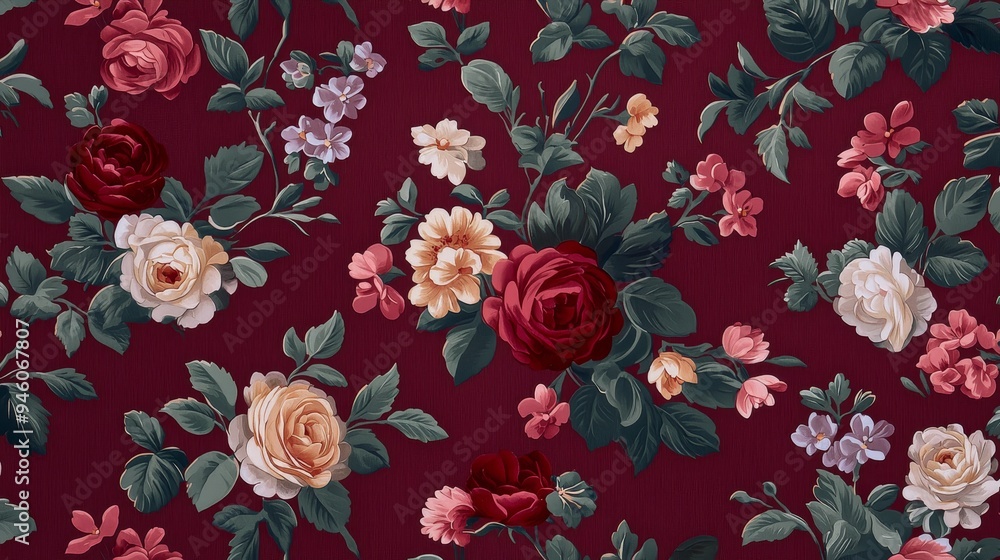 A Victorian-inspired wallpaper with intricate floral patterns and rich, jewel-toned colors A Victorian-inspired wallpaper with intricate floral patterns and rich, jewel-toned colors