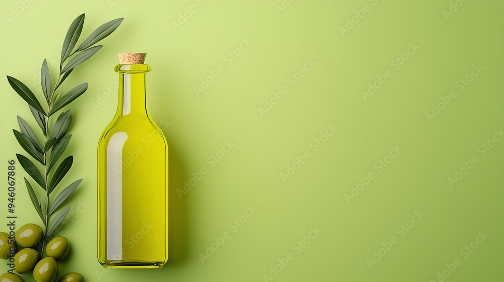 Bottle of olive oil with olives, Mediterranean style, 3D illustration Bottle of olive oil with olives, Mediterranean style, 3D illustration