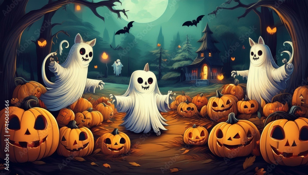Playful Halloween scene with ghosts, skeletons, and cats in pumpkin patch. Playful Halloween scene with ghosts, skeletons, and cats in pumpkin patch.