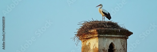 A white stork (Ciconia ciconia) standing on a nest.