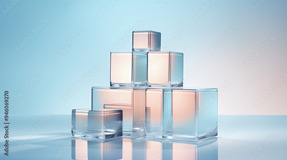 A composition of transparent glass cubes with soft lighting, creating an artistic display. A composition of transparent glass cubes with soft lighting, creating an artistic display.