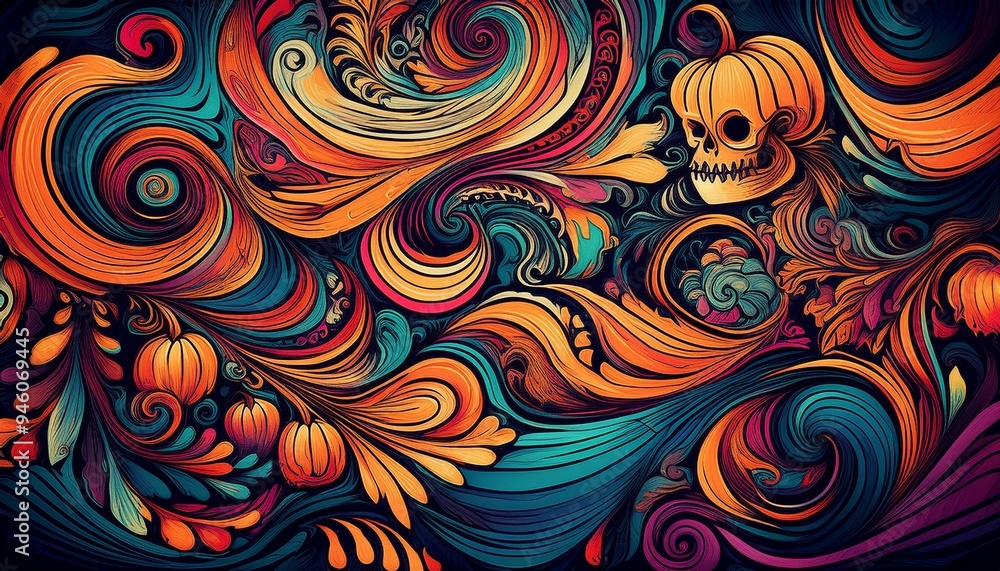 Psychedelic pattern with swirling shapes and distorted Halloween imagery. Psychedelic pattern with swirling shapes and distorted Halloween imagery.