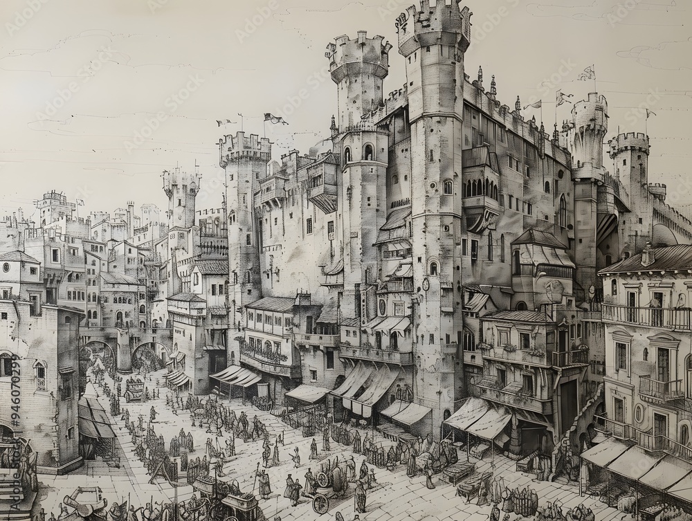 Black and White Sketch of a Medieval City. Black and White Sketch of a Medieval City.