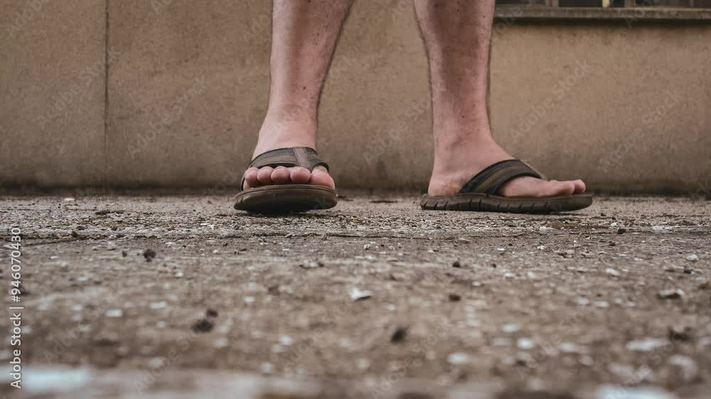 Close-Up of Man Wearing Sandals on Pavement Close-Up of Man Wearing Sandals on Pavement