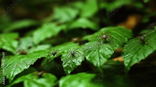 Tiny Spiders on Lush Green Leaves