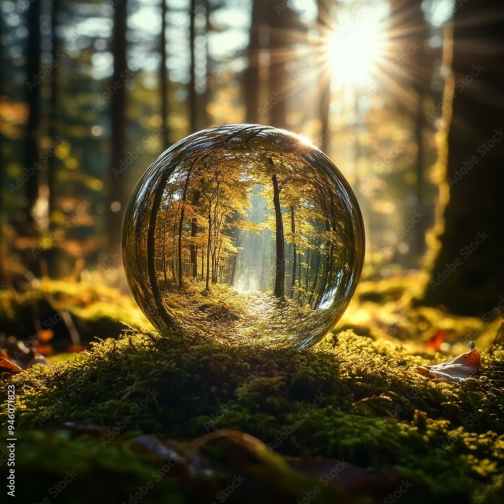 Glass ball on moss in the forest - environmental concept Glass ball on moss in the forest - environmental concept