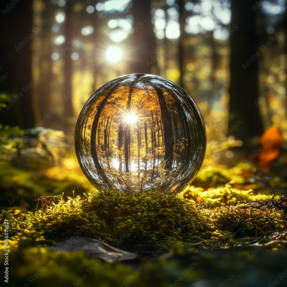 Glass ball on moss in the forest - environmental concept Glass ball on moss in the forest - environmental concept