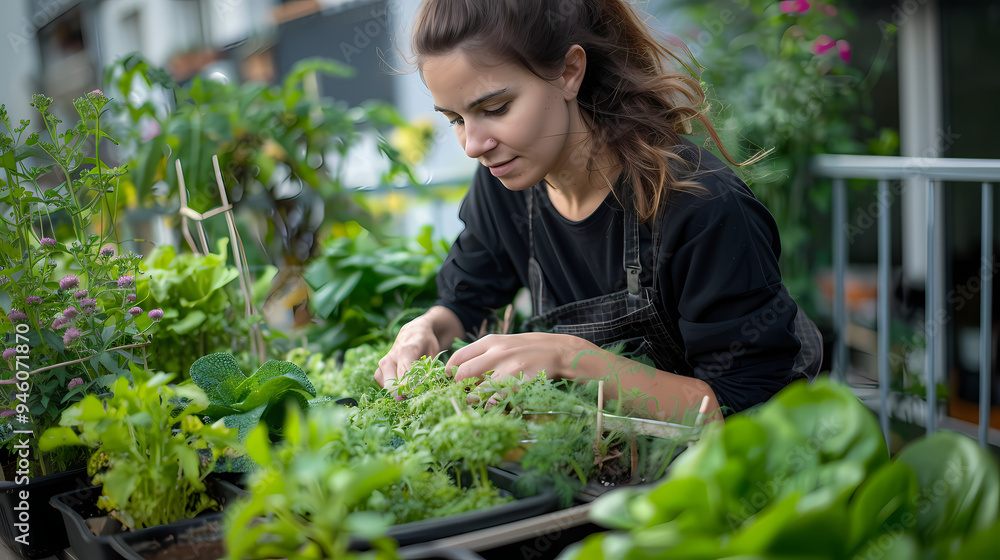Gardener cutting spicy herbs with scissors growing at home vegetable garden, close-up view. Concept of home growing organic greens Gardener cutting spicy herbs with scissors growing at home vegetable garden, close-up view. Concept of home growing organic greens
