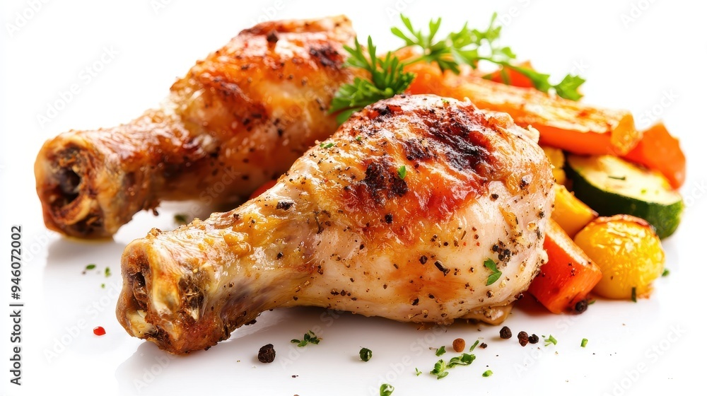 Grilled chicken drumsticks served with colorful roasted vegetables on a white plate. Grilled chicken drumsticks served with colorful roasted vegetables on a white plate.