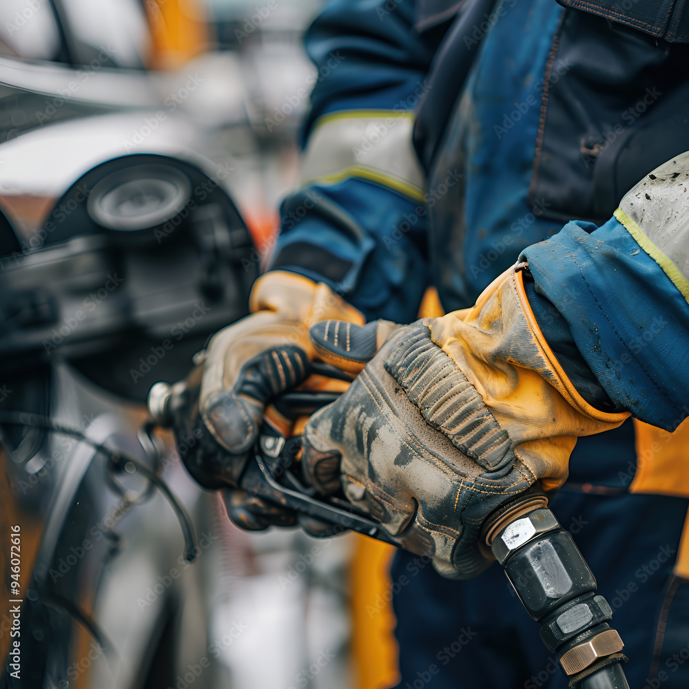 A man in a mechanic's uniform holding a fuel dispenser. A man in a mechanic's uniform holding a fuel dispenser.