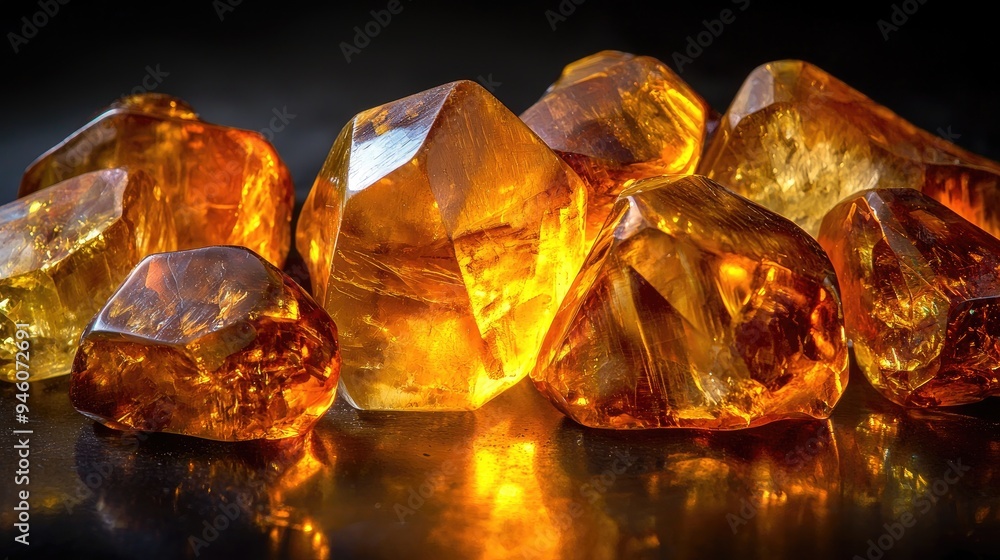 A collection of polished amber pieces displayed on a dark background, showcasing their rich colors. A collection of polished amber pieces displayed on a dark background, showcasing their rich colors.