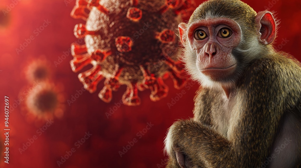 Detailed Monkey Pose with 3D Blurred Virus Cell on Red Backdrop